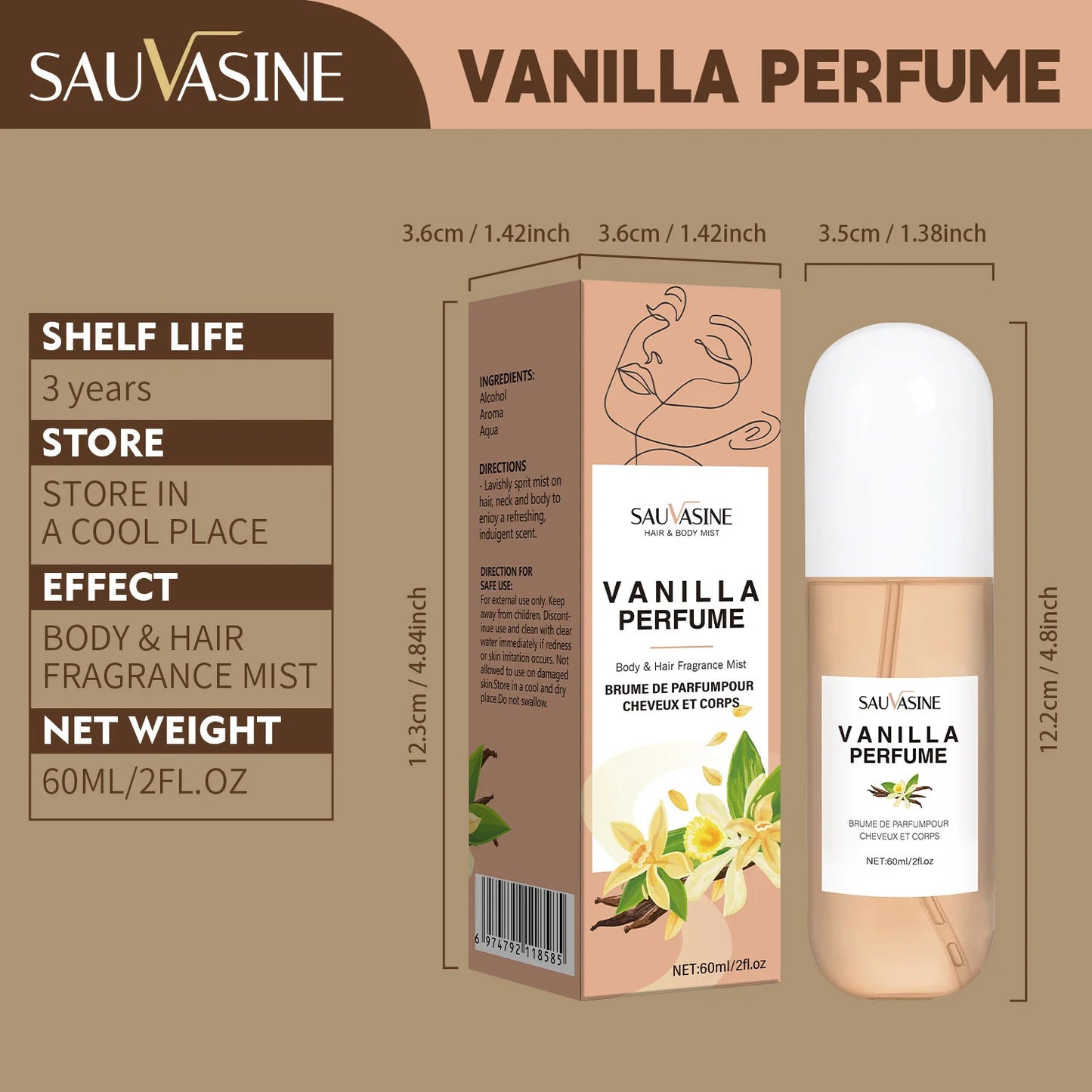 2.03Fl Oz Vanilla Skin Body Mist Vanilla Hair and Body Perfume Mist for Women & Men Long-Lasting Fragrance Body Spray for Gifts