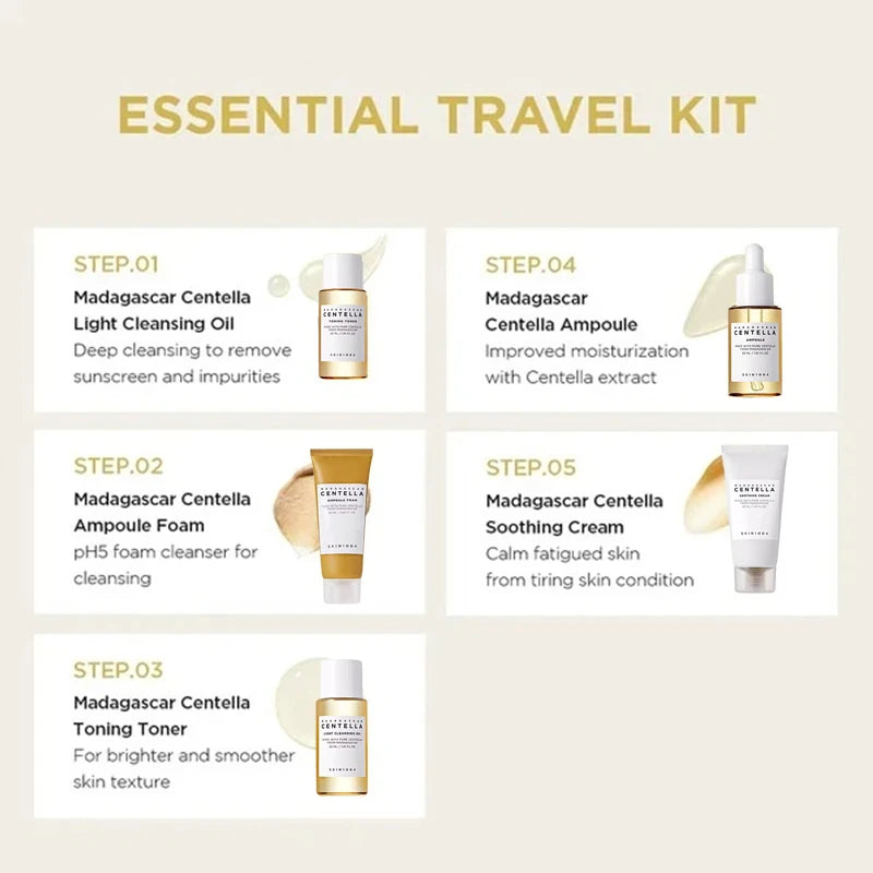 Korean Skin Care Centella Travel Kit Toner, Ampoule, Soothing Cream, Cleansing Oil, Foam, Basic Skincare Box 5pcs Set Gift Set