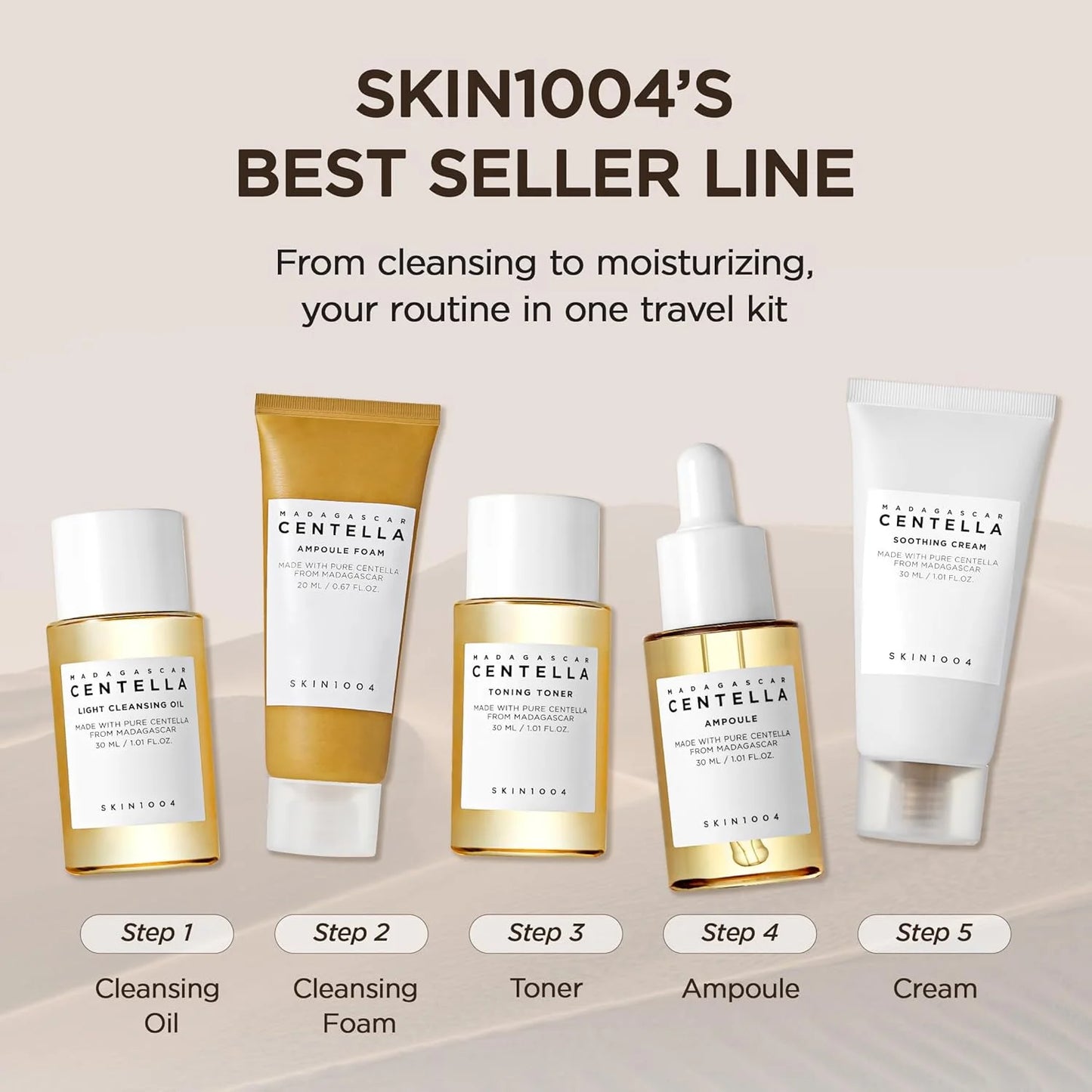 Korean Skin Care Centella Travel Kit Toner, Ampoule, Soothing Cream, Cleansing Oil, Foam, Basic Skincare Box 5pcs Set Gift Set